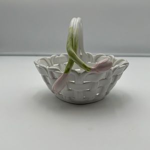 Vintage White Ceramic Woven Basket With Hand-painted Tulips Portugal